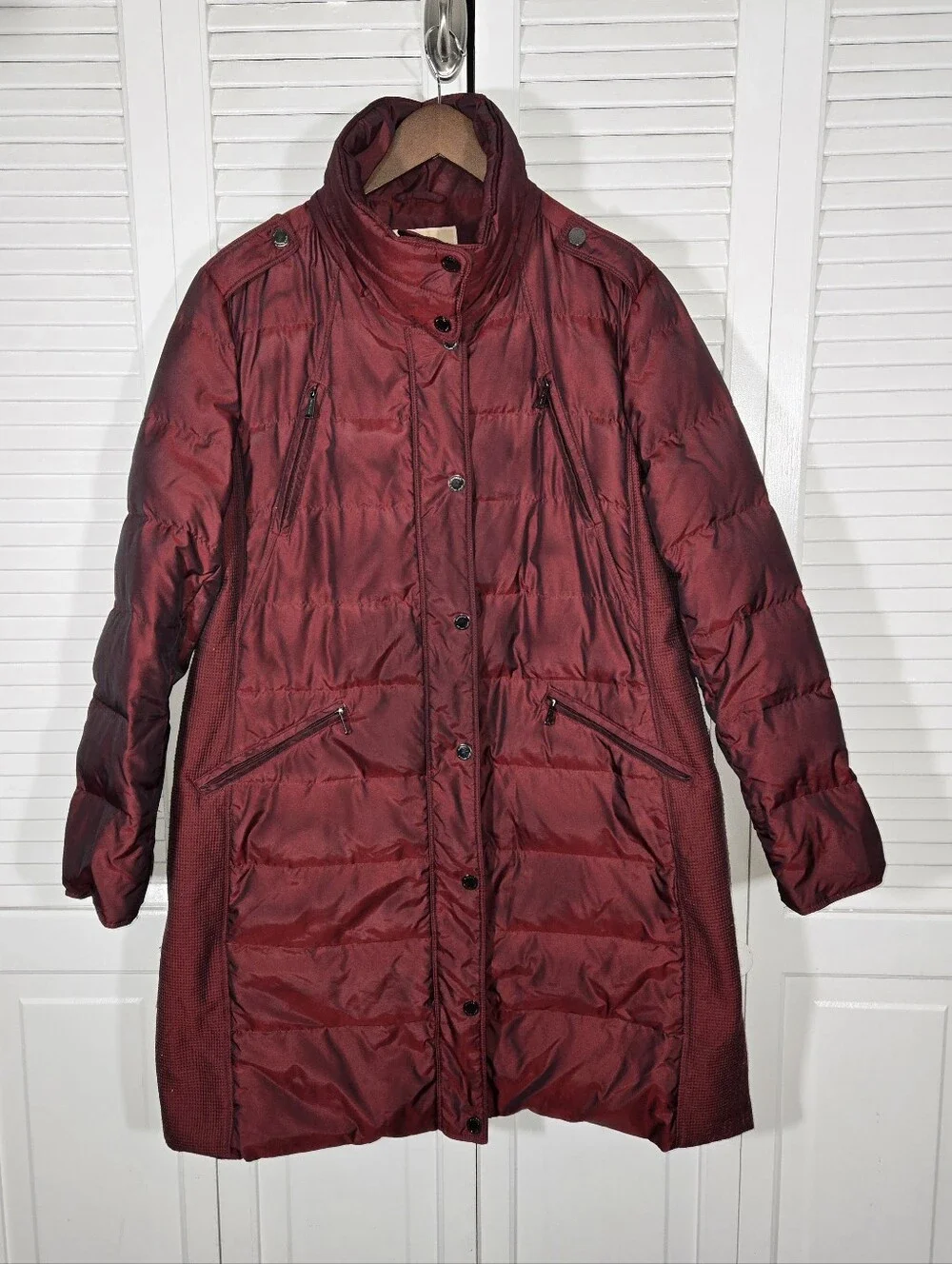 Michael Kors Quilted Puffer Mid Iridescent Burgundy High Collar Zip Jacket Sz XL